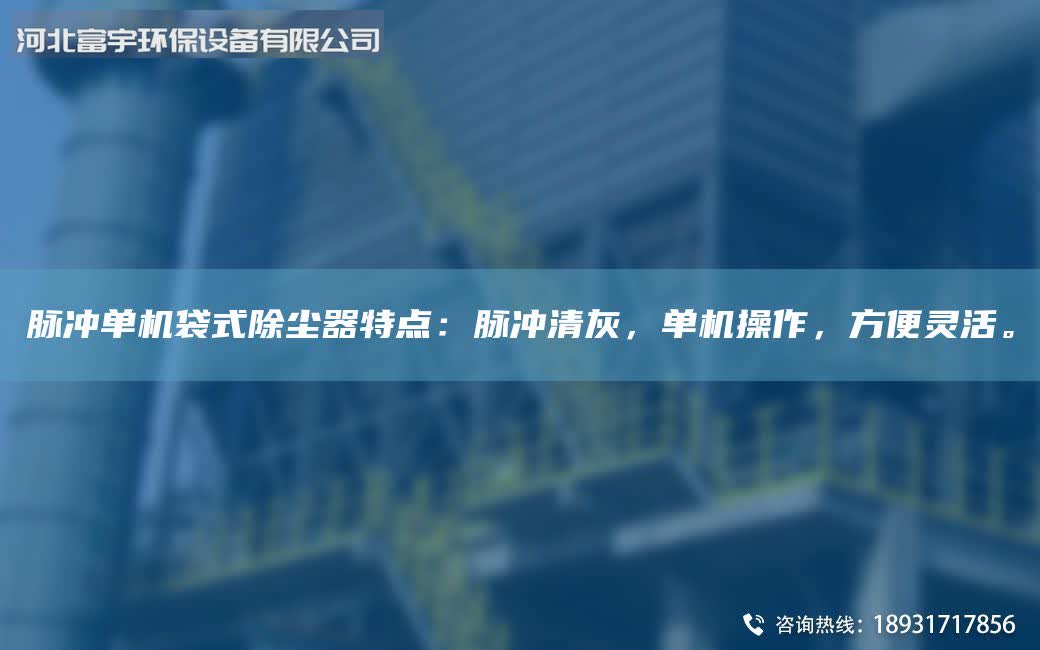 脉冲单机袋式除尘器特点：脉冲清灰，单机操作，方便灵活。